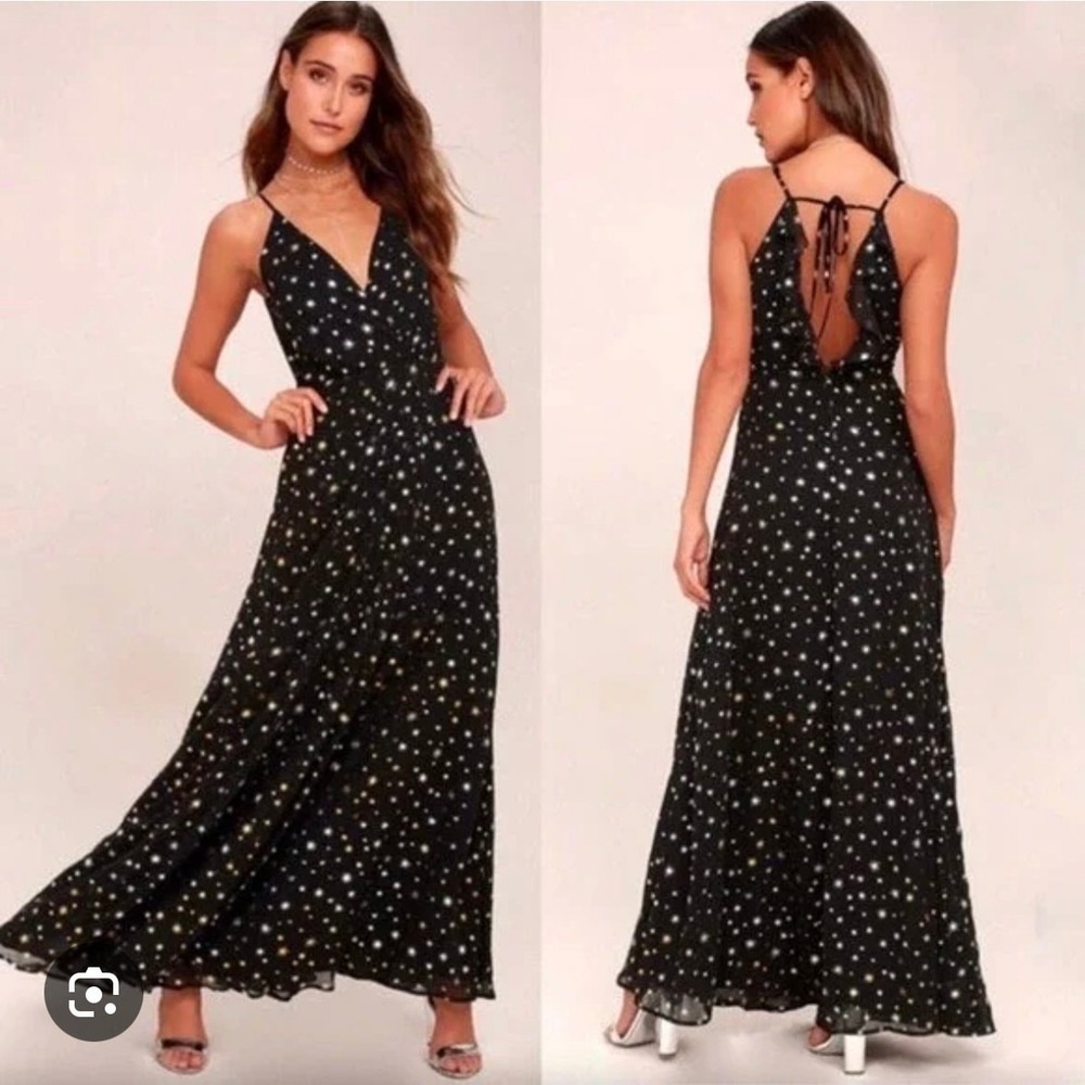 Lulus Galactic Goddess Star Print Black Maxi Dress Gold Silver Sleeveless Size S